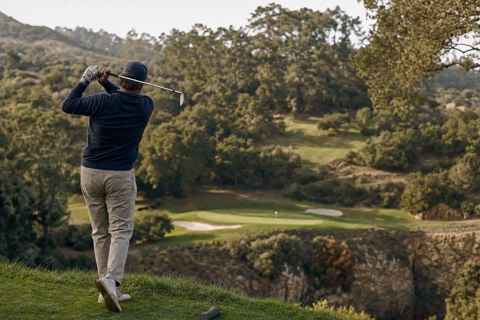 A par-three played from a high perch over a ravine to a green below, oaks around (AI-generated image)